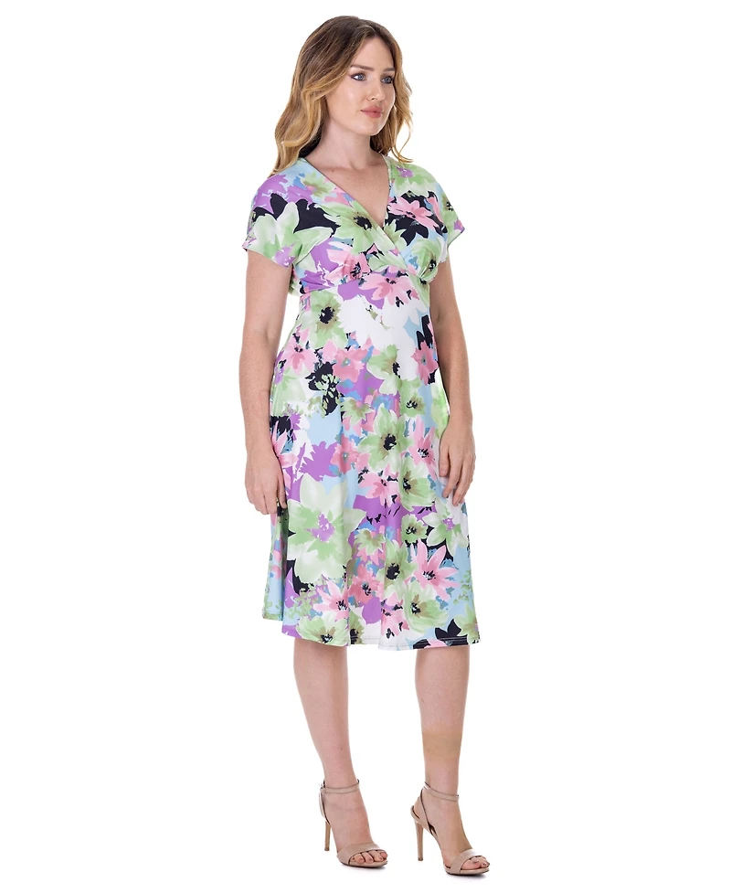 24seven Comfort Apparel Petite Floral Print Empire Waist Kimono Cap Sleeve Knee Length Dress