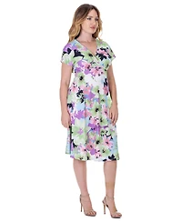 24seven Comfort Apparel Petite Floral Print Empire Waist Kimono Cap Sleeve Knee Length Dress