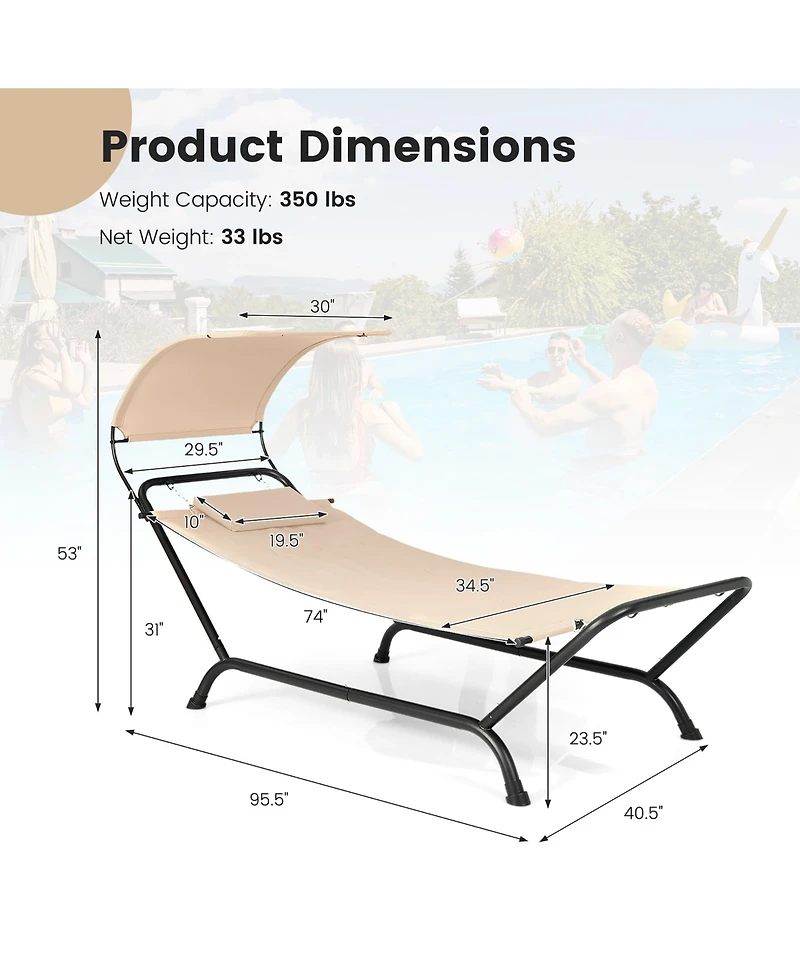 Gymax Chaise Lounge Bed w/ Detachable Sunshade Canopy Hammock w/ Rustproof Metal Stand