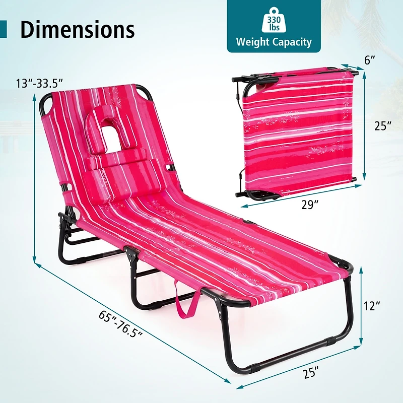 Gymax Beach Chaise Lounge Chair w/ 5-Position Adjustable Backrest & Face Hole Pillows