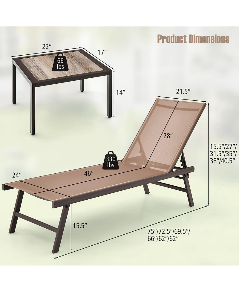 Gymax 3pcs Patio Chaise Lounge Set Aluminum Recliner Chair Table Outdoor Adjust