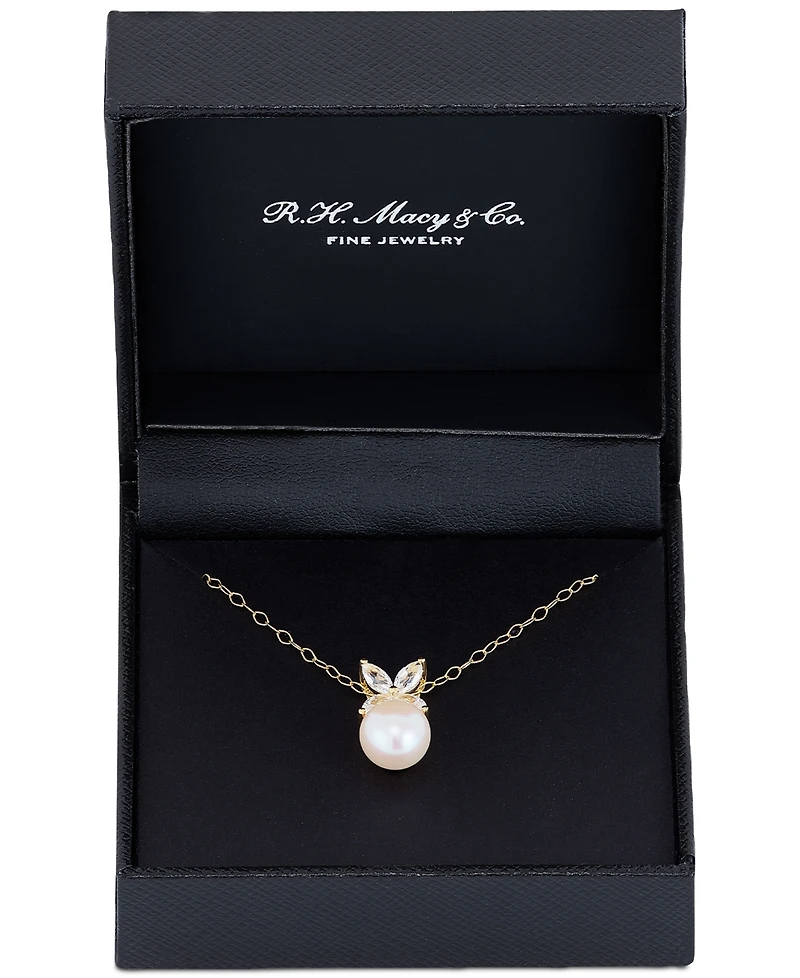 Cultured Freshwater Pearl (8mm) & Lab Grown White Sapphire (3/4 ct. t.w.) Flower Pendant Necklace in 14k Gold-Plated Sterling Silver, 16" + 2" extende