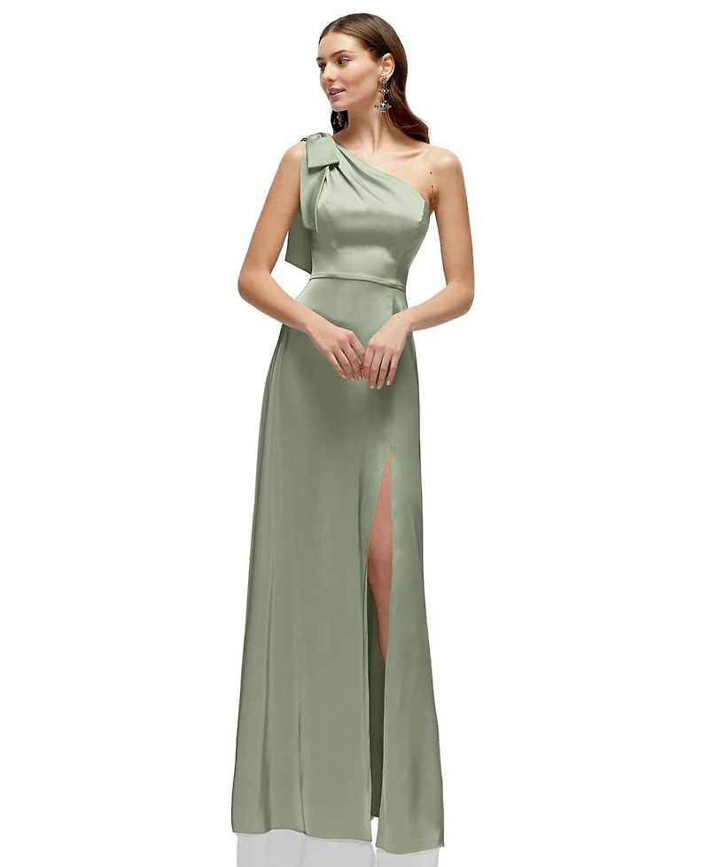 After Six Women's Bow One-Shoulder Fluid Satin Maxi Dress with Full Skirt
