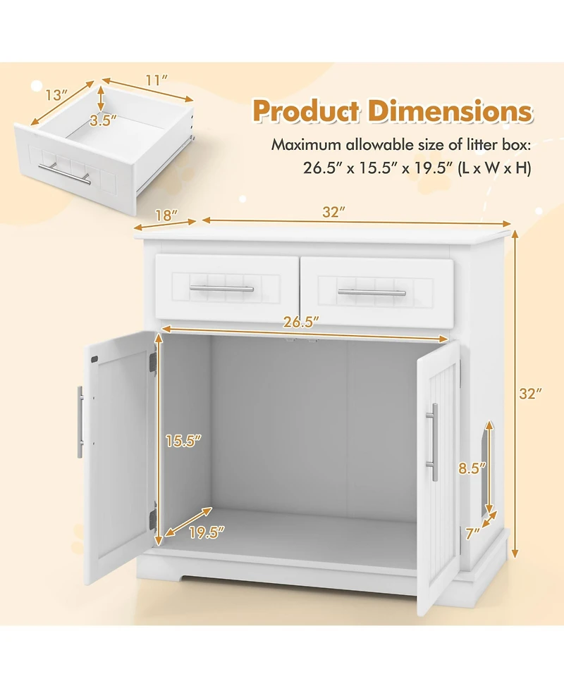 Cat Litter Box Enclosure with 2 Drawers and Double Doors