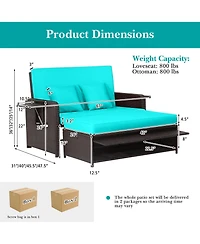 Gymax Rattan Loveseat Set Daybed Lounge w/ Storage Ottoman Side Tables Adjust Patio