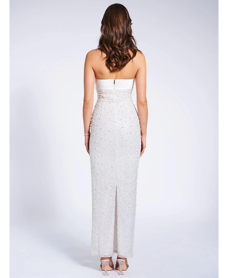 Miss Circle Women's Lainey White Satin Sequin Pearls Beaded Maxi Dress