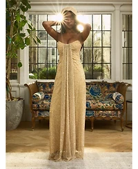 Miss Circle Women's Ada Gold Rhinestone Embellished Strapless Gown with Head Scarf