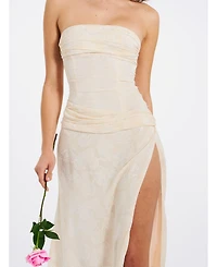 Miss Circle Women's Xatia Off White Jacquard Textured High Slit Maxi Dress