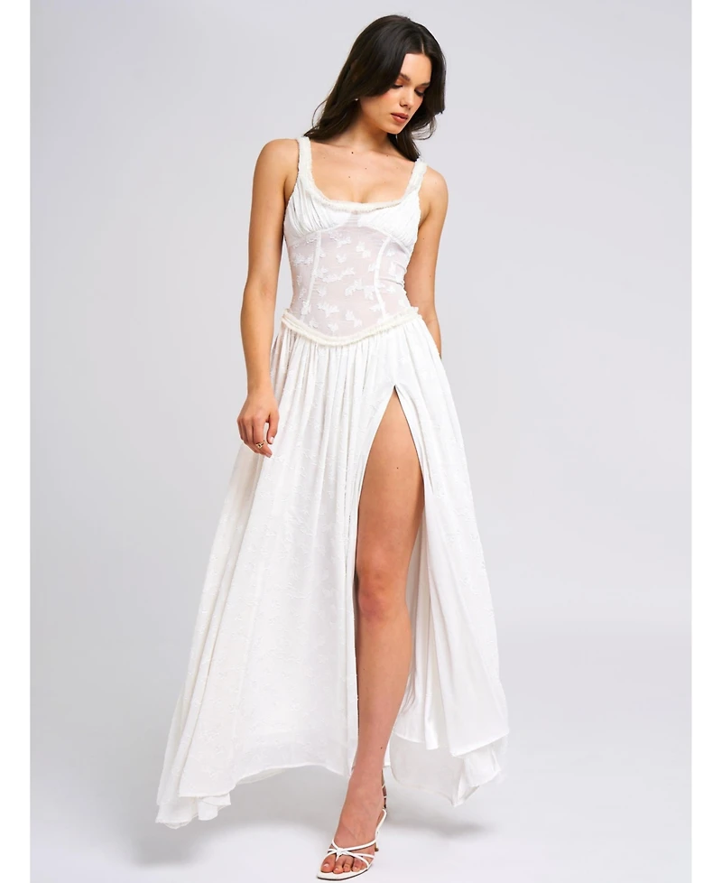Miss Circle Women's Ulissa White Square Neck Jacquard Textured High Slit Maxi Dress