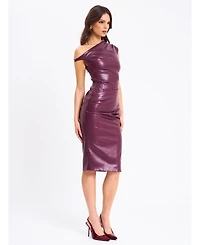 Miss Circle Women's Sabina Purple Leather Slash Neck Midi Dress