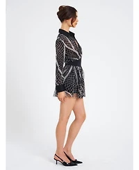 Miss Circle Women's Rachelle Black Embroidered Mesh Mini Shirt Dress