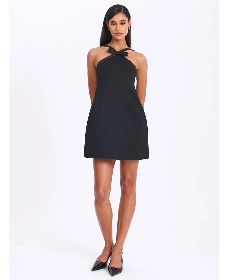 Miss Circle Women's Caitlin Black Satin Trim Mini Dress with Bow