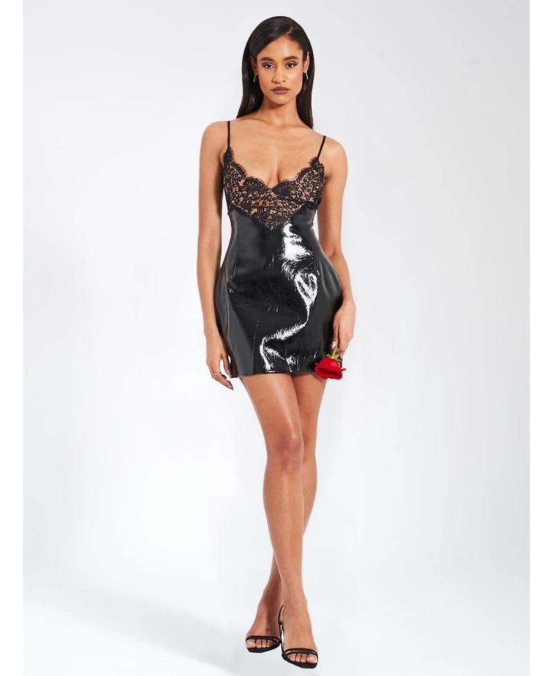 Miss Circle Women's Shelby Black Faux Leather with Lace Mini Dress