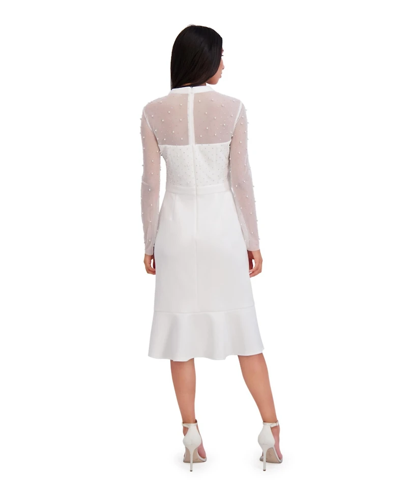 London Times Petite Beaded Illusion Mock-Neck Midi Dress