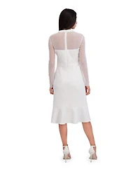 London Times Petite Beaded Illusion Mock-Neck Midi Dress