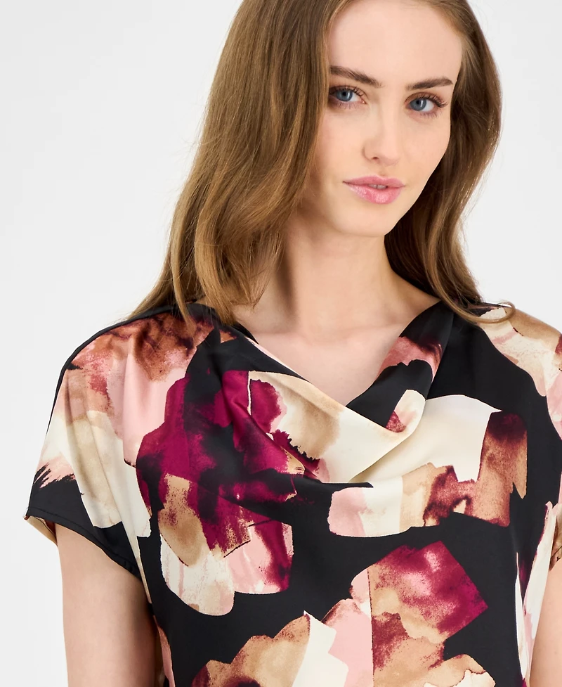 Anne Klein Women's Satin Printed Cowlneck Blouse