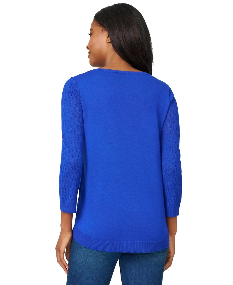 Melissa Paige Petite Pointelle-Yoke 3/4-Sleeve Sweater