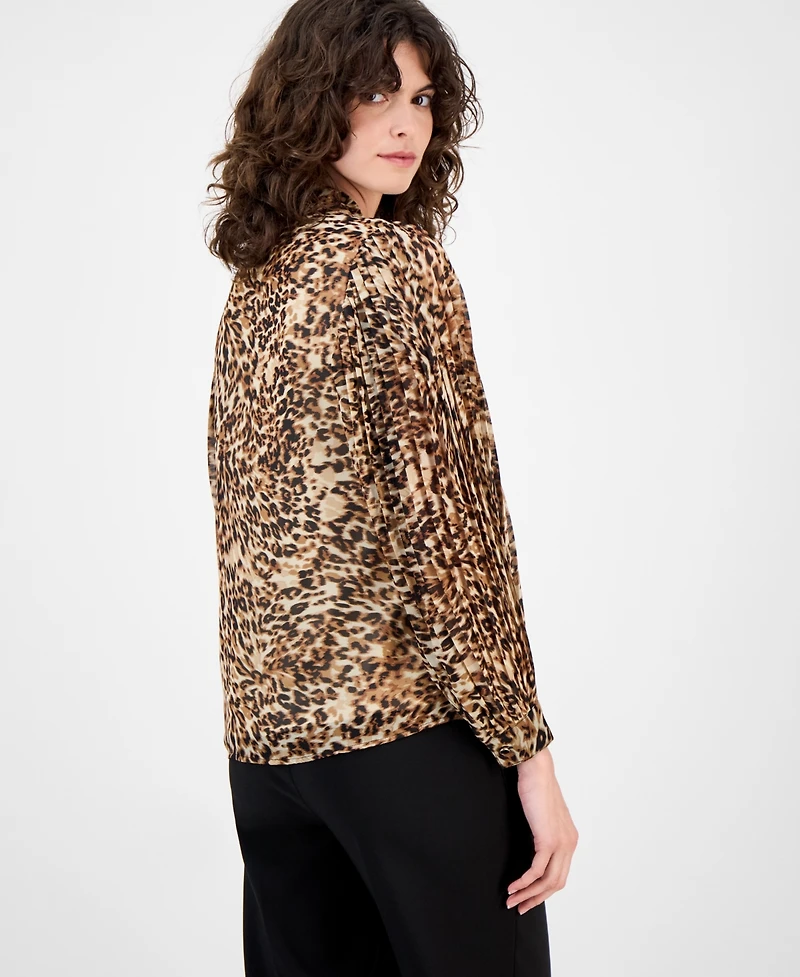 Anne Klein Women's Printed Pleated-Sleeve Button-Front Top