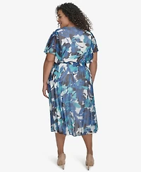 Dkny Plus Printed Flutter-Sleeve Midi Dress