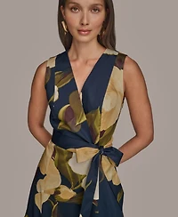 Donna Karan New York Women's Printed Sleeveless Faux-wrap V-neck Pleated Dress