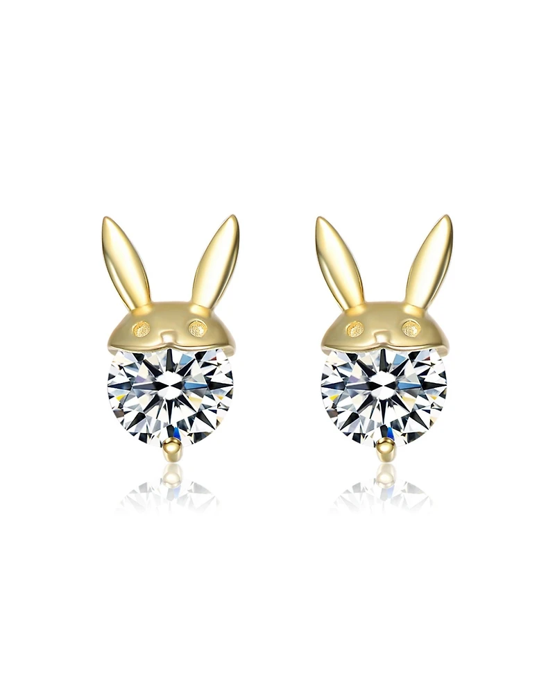 14K Gold Plated with Clear Cubic Zirconia & Mother of Pearl Rabbit, Heart & Flower Stud Earring 3-Piece Set