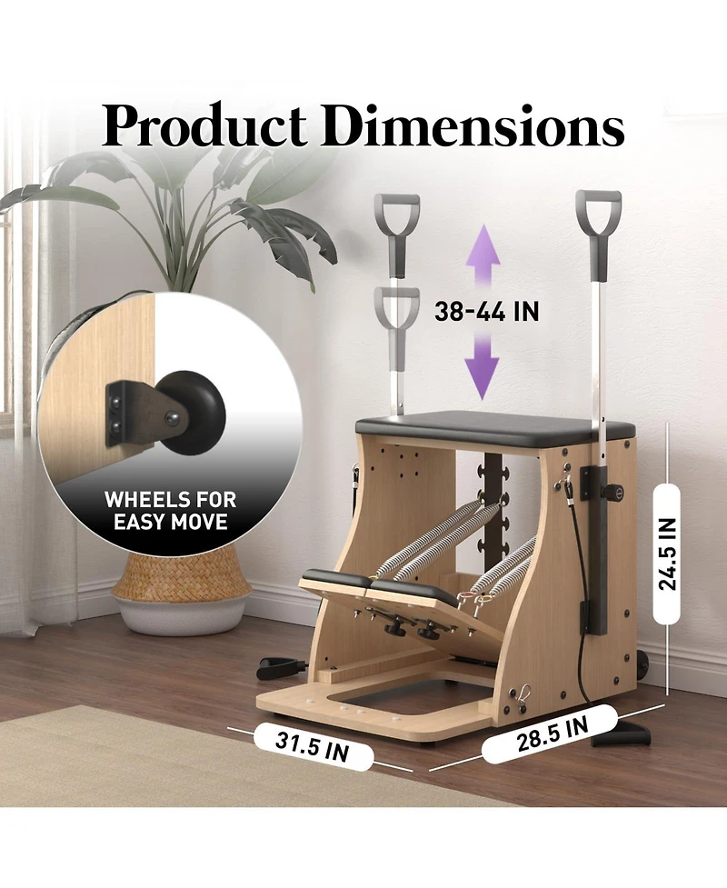 Mikolo Pilates Combo Chair – Oak Frame, Resistance Bands & Split Pedals for Home/Studio