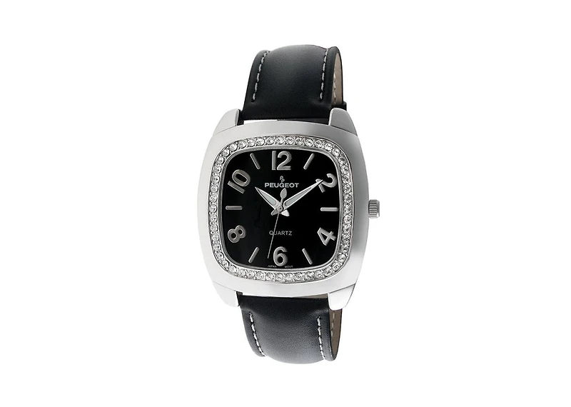 Peugeot Women's Black Boyfriend Watch 40mm Crystal Bezel Leather Strap