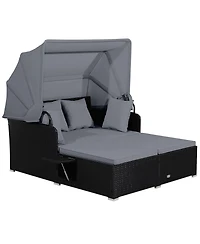 Gymax Rattan Daybed Lounge w/ Retractable Top Canopy Side Tables Cushions