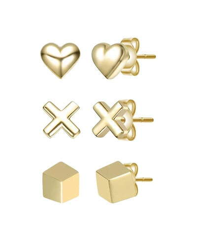 14K Gold Plated with Heart, Cross, & Cube 3D Design 3-Piece Stud Earrings Set