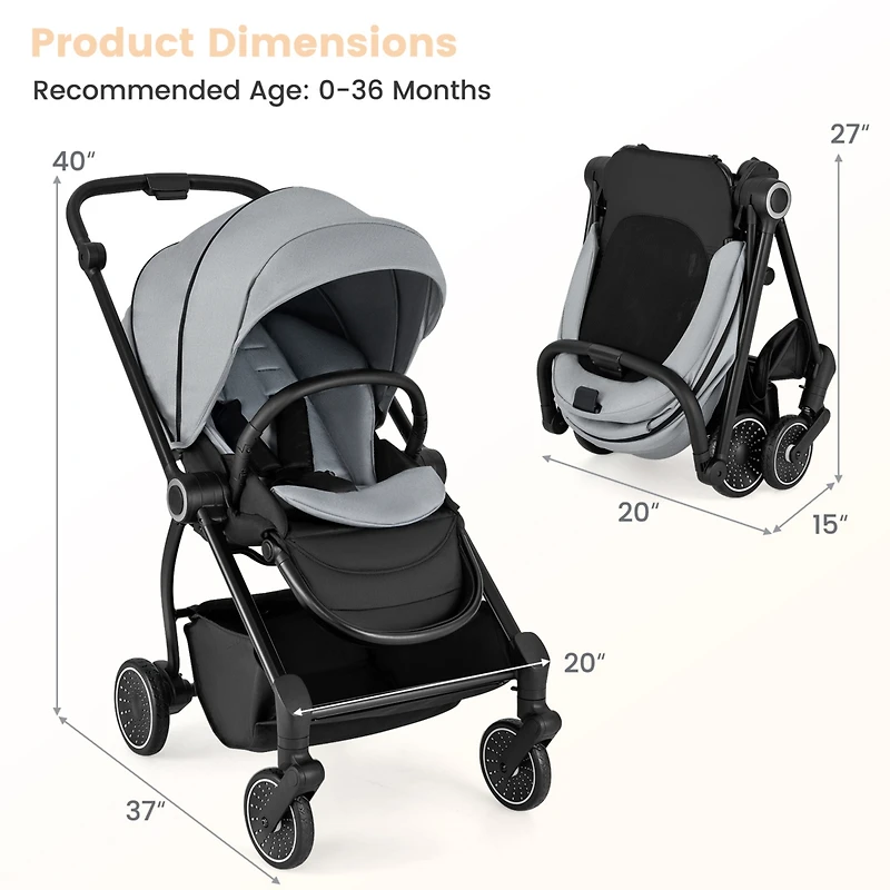 Slickblue Toddler Foldable Pram Stroller with Reversible Seat Reclining Backrest