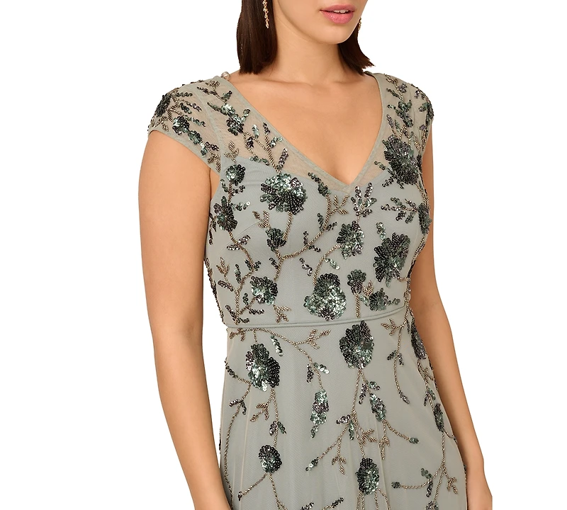 Adrianna Papell Women's V-Neck Beaded Mesh Dress