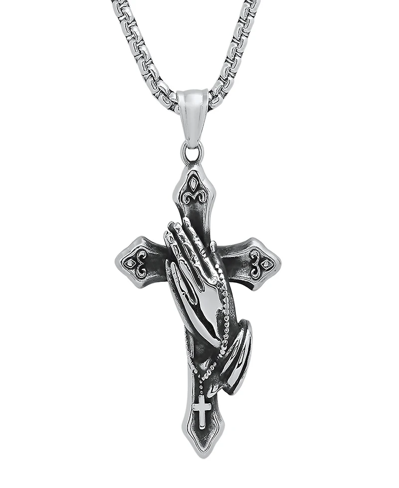 Steeltime Men's Stainless-Steel Prayer Hand and Cross Pendant Necklace