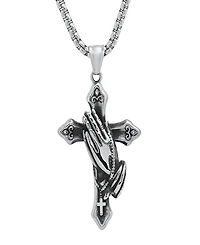 Steeltime Men's Stainless-Steel Prayer Hand and Cross Pendant Necklace