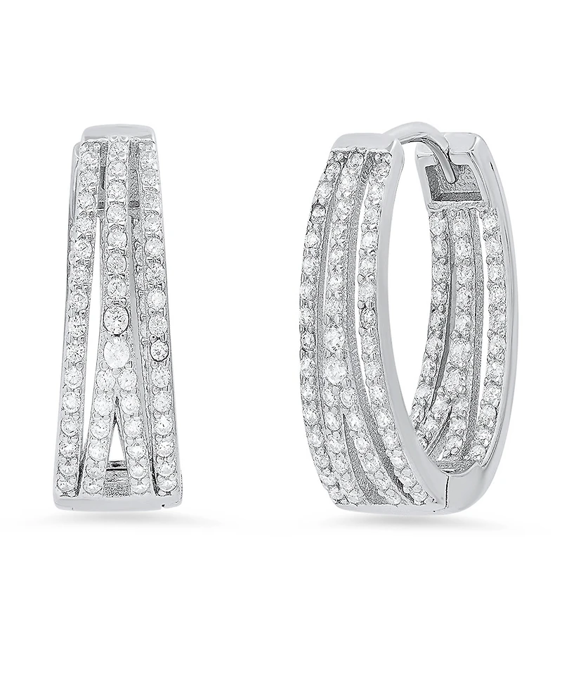 Steeltime Women's Sterling Silver and Simulated Diamonds Oval Layered Huggie Earrings