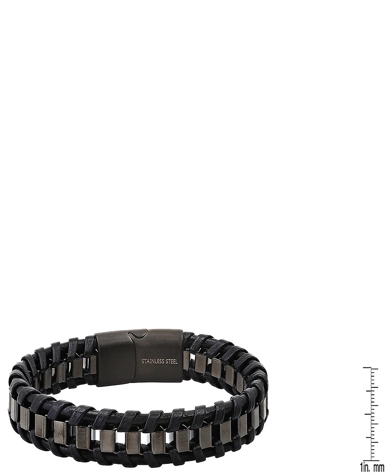 Steeltime Men's Black Leather and Black Ip Stainless Steel Box Link Braided Bracelet