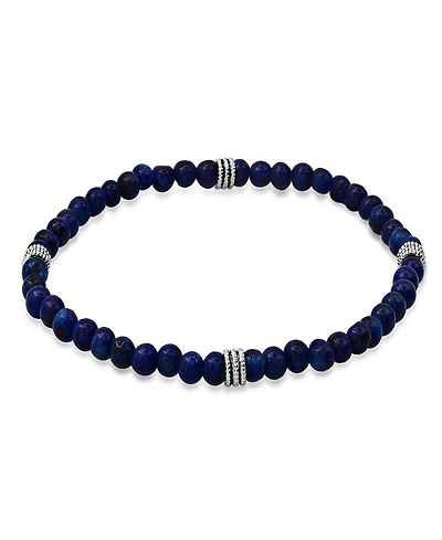 Steeltime Men's Sterling Silver and Blue Lapis Beaded Stretch Bracelet