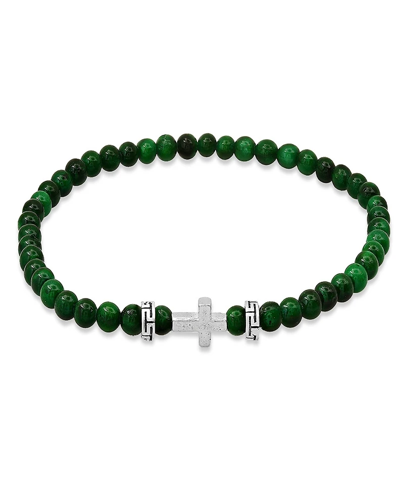 Steeltime Men's Sterling Silver Cross and Green Agate Beaded Stretch Bracelet