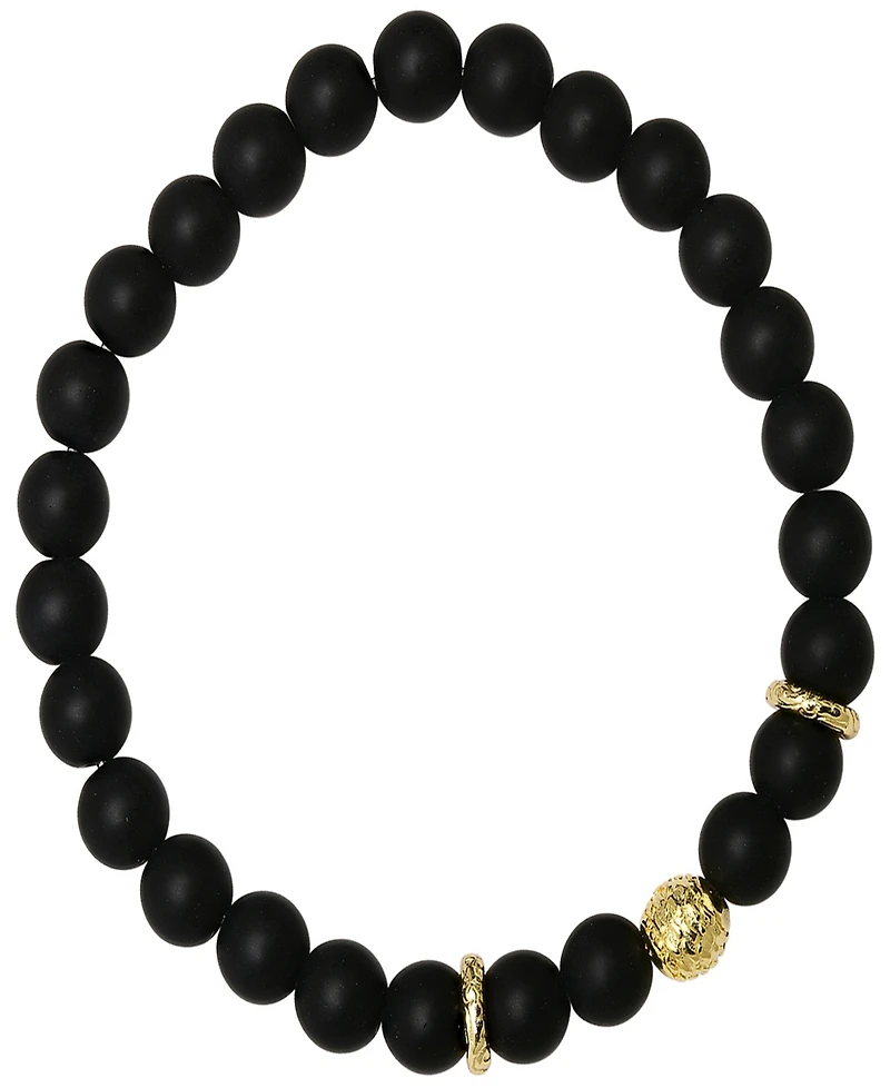 Steeltime Men's 14K Gold Plated Sterling Silver and Black Lava Beaded Stretch Bracelet