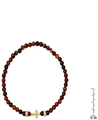 Steeltime Men's 14K Gold Plated Sterling Silver Cross and Red Tiger Eye Beaded Stretch Bracelet