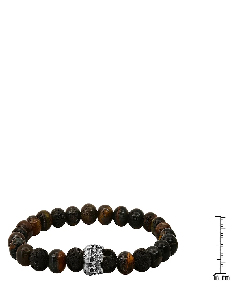 Steeltime Men's Tiger Eye, Black Lava and Sterling Silver Skull Beaded Stretch Bracelet