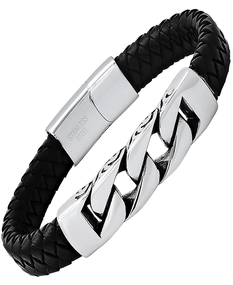 Steeltime Men's Black Braided Leather and Stainless-Steel Bracelet