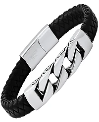Steeltime Men's Black Braided Leather and Stainless-Steel Bracelet