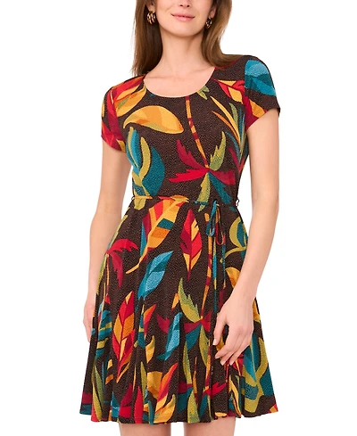 Sam & Jess Women's Tropical-Print Short-Sleeve Tie-Waist Skirt Dress