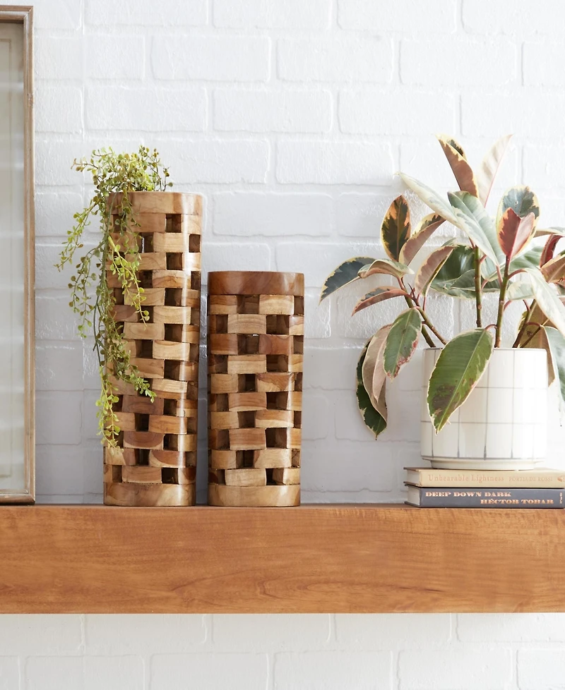 Rosemary Lane Teak Wood Contemporary Vase, Set of 2