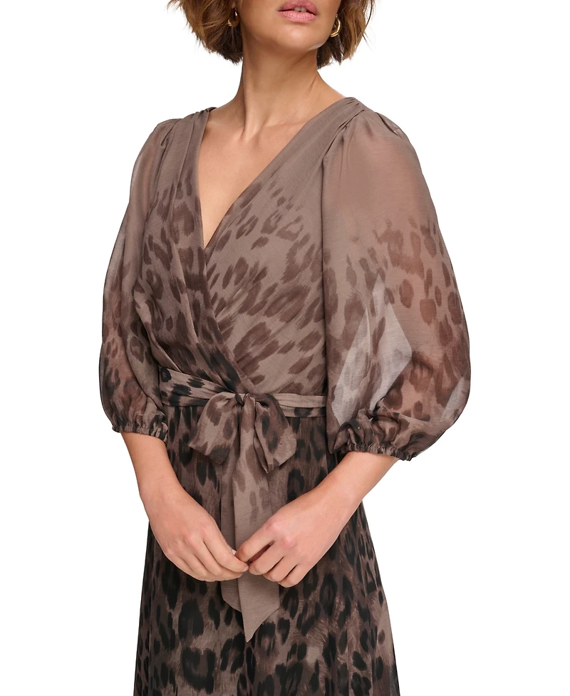 Dkny Petites Chiffon Printed Surplice Balloon-Sleeve Dress