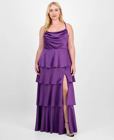 City Studios Trendy Plus Cowl-Neck Tiered Satin Gown