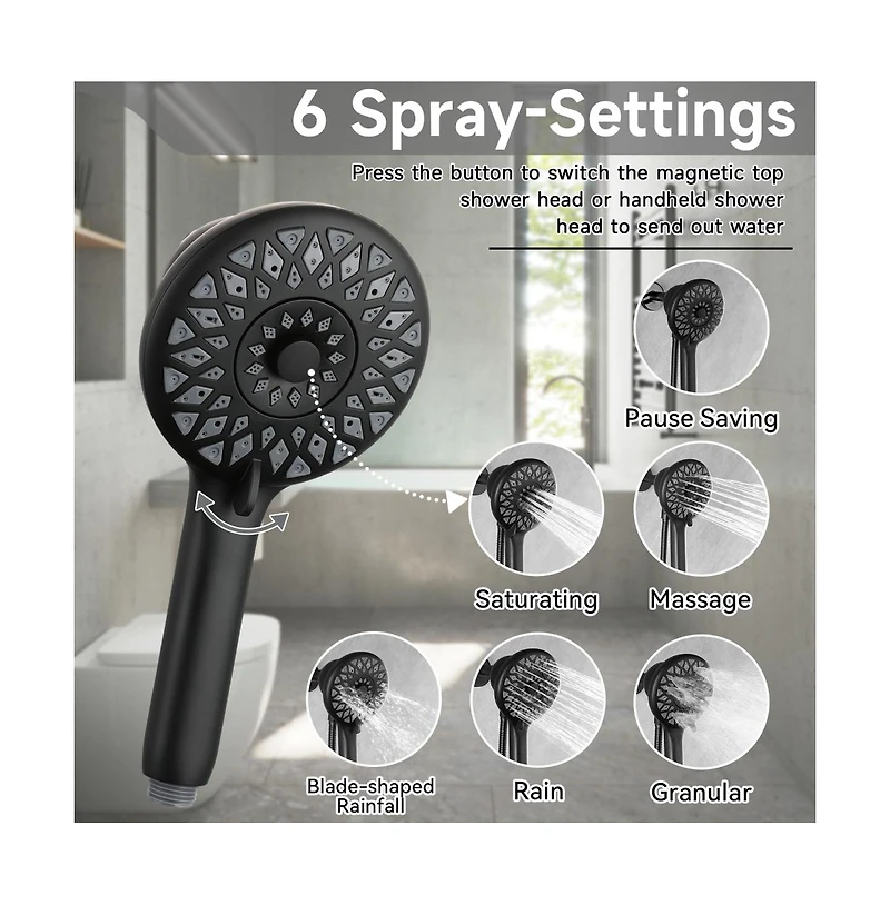 Rainsken High Pressure Shower Heads 6 Spray Mode, Magnetic Shower Head for Bathroom, Matte Black Handheld Shower with 60 inch Stainless Steel Hose