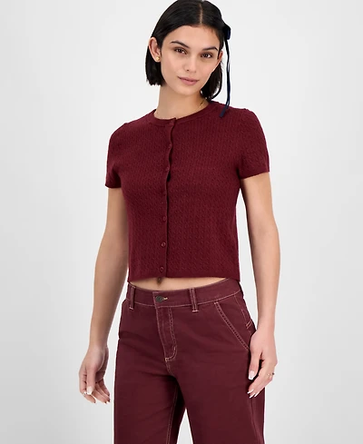 Freshman Juniors' Short-Sleeve Crewneck Cable-Knit Sweater