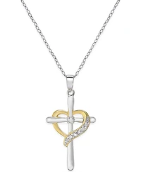 Diamond Cross Heart Pendant Necklace (1/10 ct. t.w.) in Sterling Silver and 18K Gold-Plated Sterling Silver