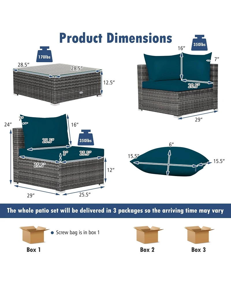7 Pieces Patio Rattan Furniture Set with Sectional Sofa Cushioned